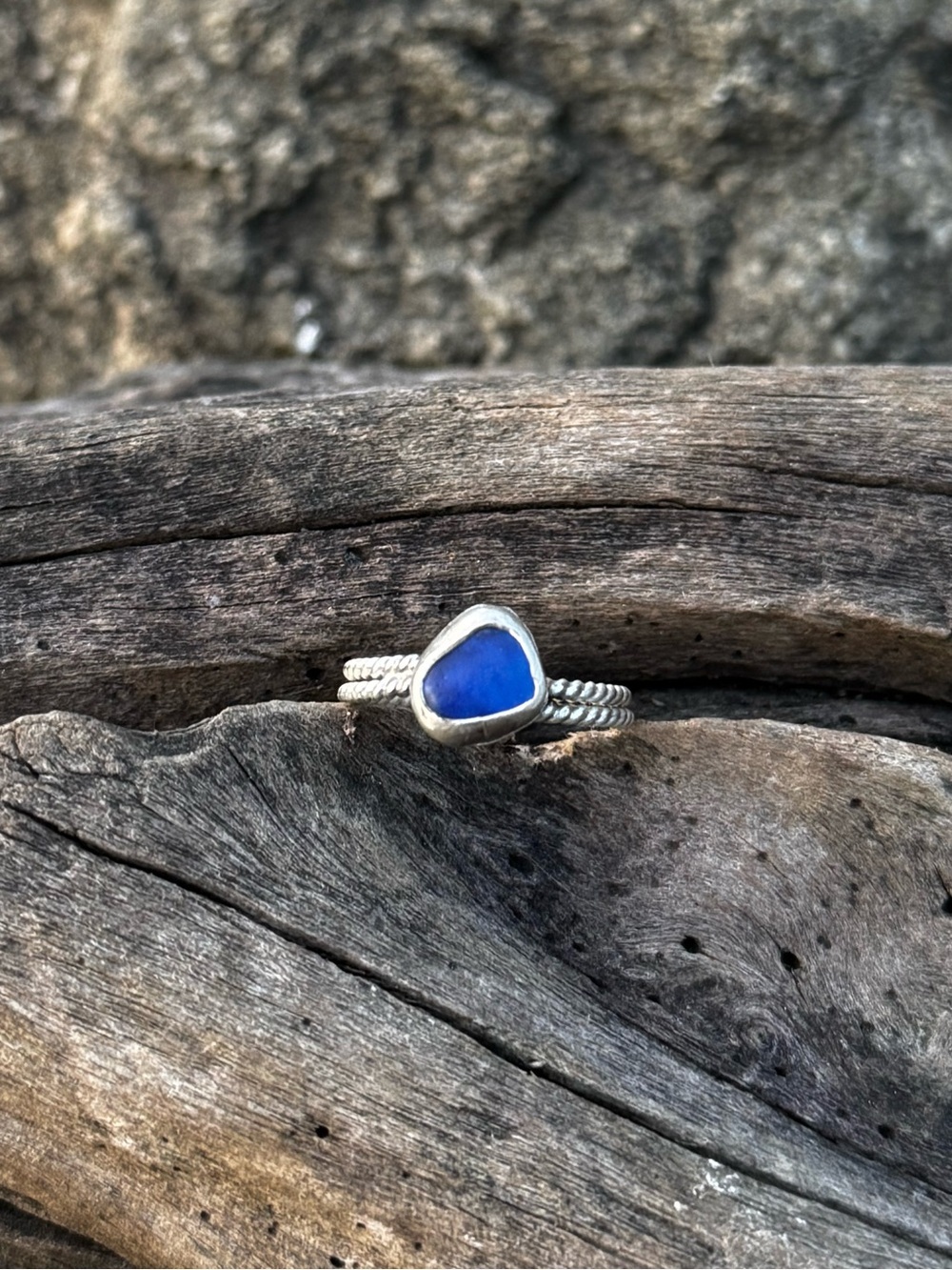 Blue sea glass Sea tumbled sea glass sterling & fine silver ring
